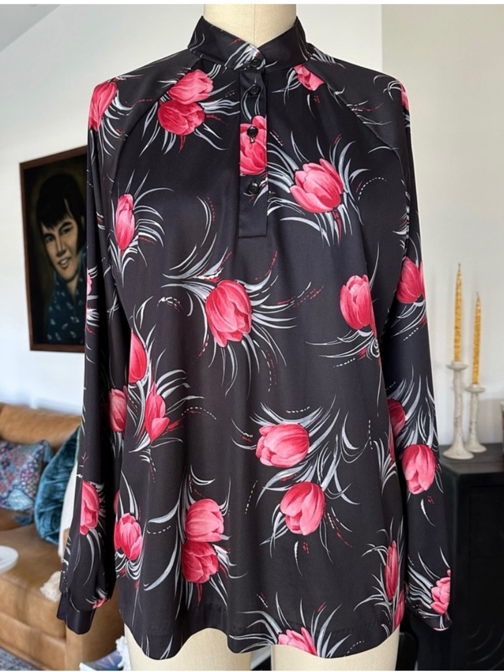 Vintage Floral Black and Pink Women's Blouse